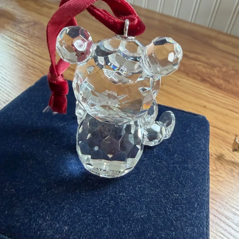 Faceted Lead Crystal Teddy Bear Ornament with Red Ribbon and Blue Velvet Box